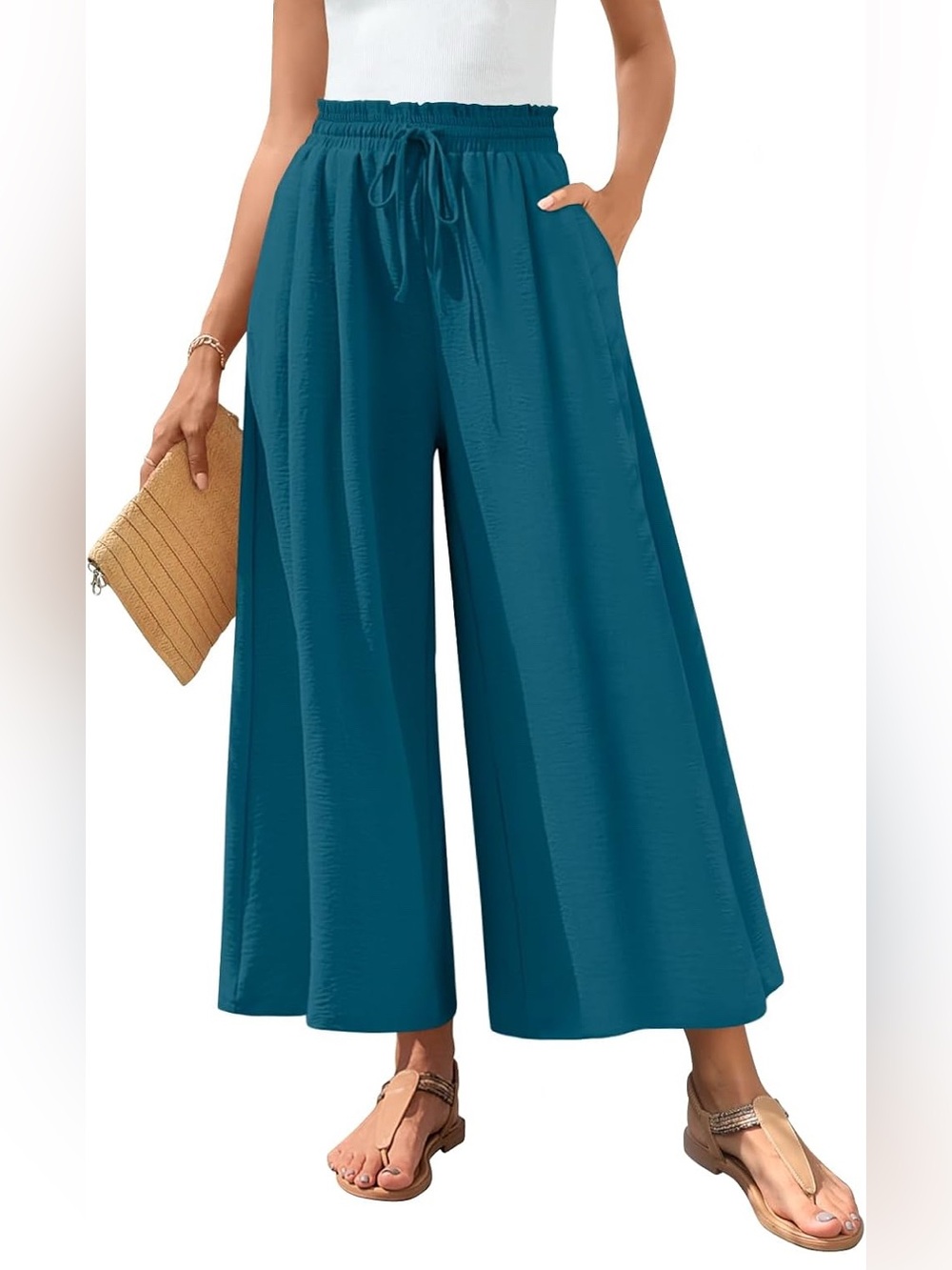 Bestbee Wide Leg Crop Palazzo Pants Dressy Casual Blue Elastic Waist Pockets